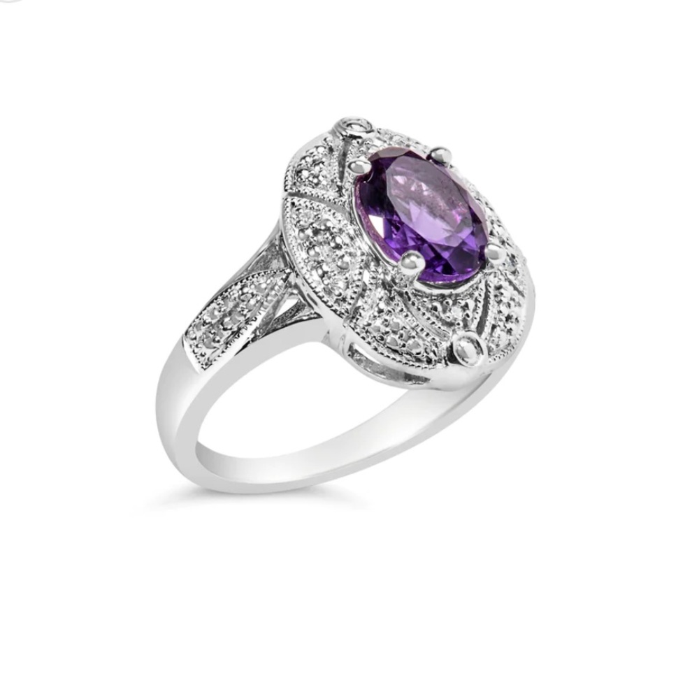 Haus of Brilliance .925 Sterling Silver Amethyst and Diamond Art Deco Ring Sz 6